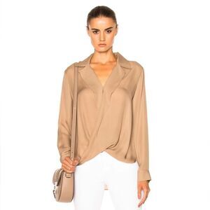 L’AGENCE Neutal Tan Chantarelle Silk Chiffon Longsleeve Faux Wrap Blouse Sz XS